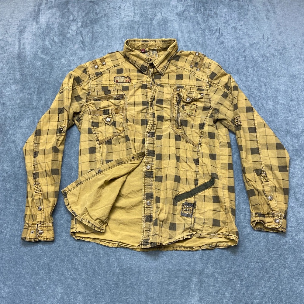 Vintage Fusai Shirt Mens XL Mustard Yellow Plaid Cotton Outdoor Button Up Retro